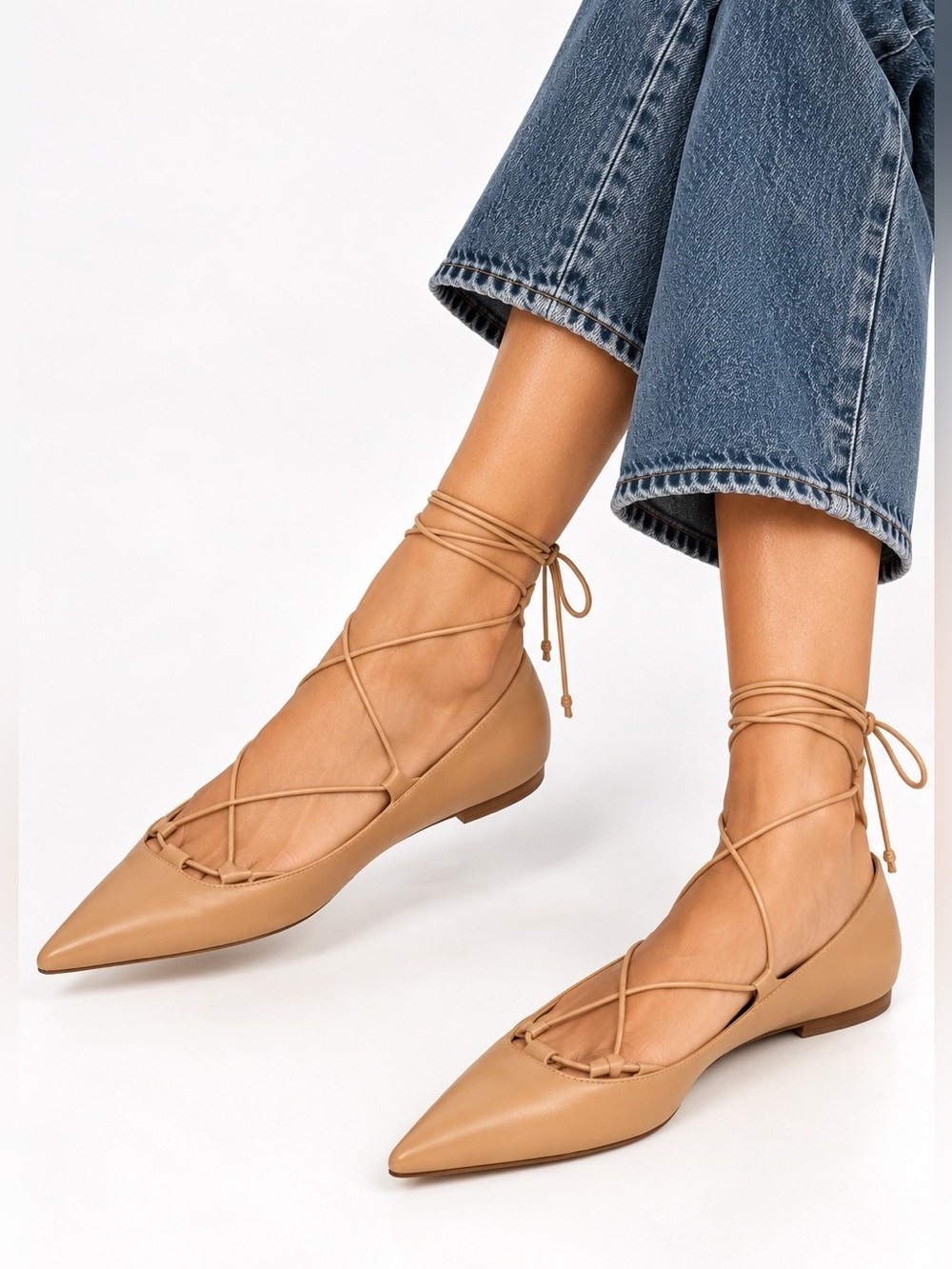 Michael Kors Collection Kallie Tan Leather Lace Up Pointed Ballet Flats EU 38